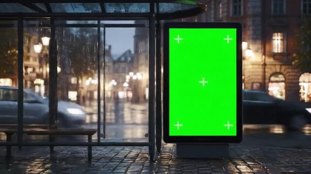 City Street Bus Stop Shelter Advertising with Green Screen Mockup