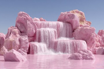 Pink waterfall cascading over pastel rocks