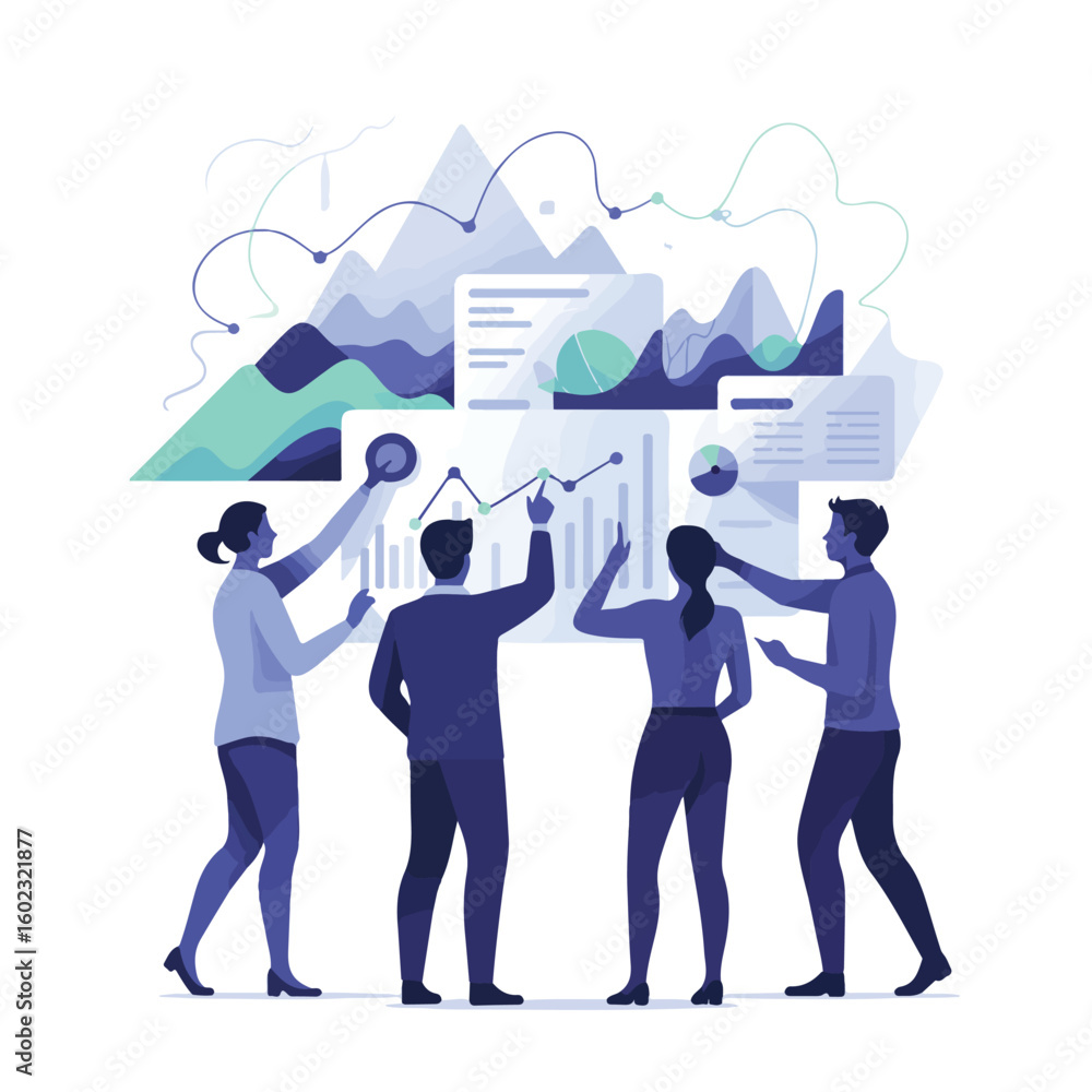 Poster team analyzing financial data charts and graphs with abstract mountain background business people