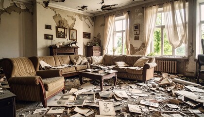 Interior of a forgotten and abandoned home, a chaotic living room scene showing the devastating effects of time and neglect.