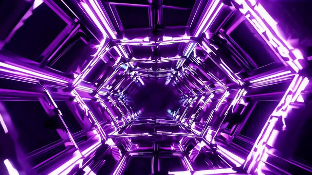 seamless video 4K sci fi animation falling through tunnel green purple polygon frames bright lights creating endless loop ideal VJ visuals tech themed