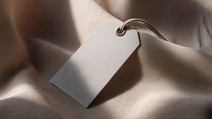 A blank tag on a textured surface.	A single, blank paper tag with a string is placed on a soft, textured surface like a folded towel or a piece of linen.
