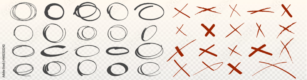 Fototapete hand drawn highlight marks set with black oval circles and red cross symbols made with crayon stroke