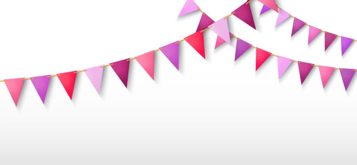 Naklejka na ściany i meble Colorful party garland - triangular bunting flags in pink, purple and red colors on golden rope. Festive decoration for birthday or event celebration on white background. Carnival pennant banner.