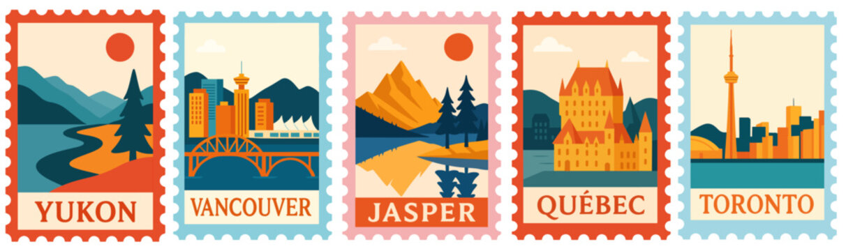 SET OF CANADA STAMPS ILLUSTRATION (VANCOUVER, TORONTO, QUEBEC, YUKON, JASPER)