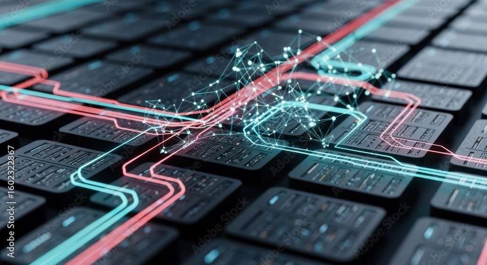 Poster abstract technology background showing vibrant network pathways overlaid on a digital server grid.