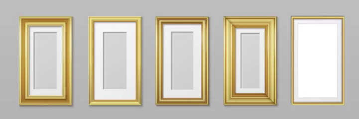 Fotobehang Gold photo frames collection on gray wall - elegant golden rectangular borders for artwork display. Classic gallery presentation in various sizes with luxurious metallic finish for interior decoration © klyaksun