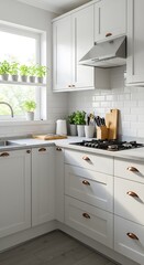 Bright, modern kitchen with white cabinets, copper handles, and herbs on windowsill.