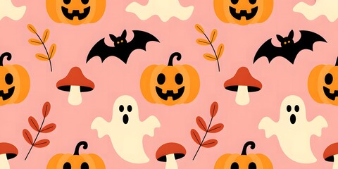 Whimsical halloween pattern featuring cute ghosts smiling pumpkins bats and autumn leaves on a pink background