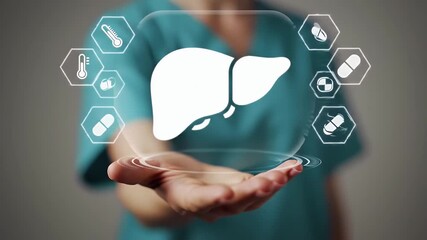 Doctor in Teal Scrubs Holding Virtual Liver Illustration with Medical Icons and Modern Interface in a Clean Background with Copy Space - Powered by Adobe