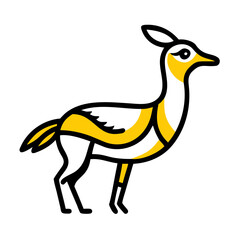 A stylized, geometric illustration of a yellow bird or dove, with simple angular wings and beak, against a plain white background.
