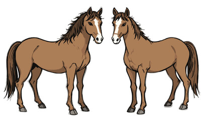 Fototapeta premium Two Horses Digital Art – Stylized Pair of Brown Horses Illustration