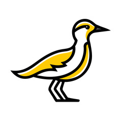 A stylized, geometric illustration of a yellow bird or dove, with simple angular wings and beak, against a plain white background.
