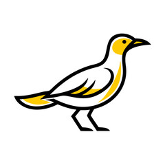 A stylized, geometric illustration of a yellow bird or dove, with simple angular wings and beak, against a plain white background.
