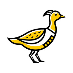 A stylized, geometric illustration of a yellow bird or dove, with simple angular wings and beak, against a plain white background.
