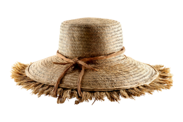 Stylish wide-brimmed straw sun hat with decorative ribbon isolated on transparent background for summer vacation cutout — high-resolution PNG perfect for travel-themed design and beachwear branding