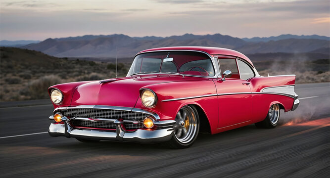 Beautiful unique pink vintage hot rod old timer car parked in the street , automotive background, tuning template, auto transport