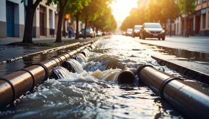 Emergency water diversion pipeline system managing a flood on an urban street at sunset.