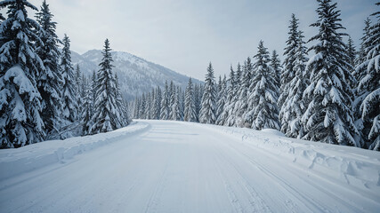 Snowy mountain road winding through snow covered pine trees