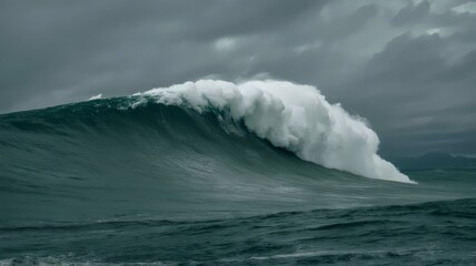 Witness the raw power of a storm surge with this majestic, enormous wave in dark ocean waters