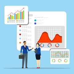 Business professionals analyzing financial data on a modern interface.