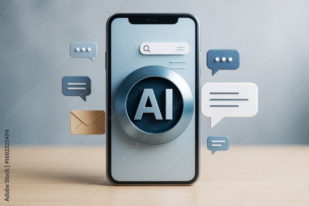 Poster ai technology icon on smartphone screen with floating digital communication symbols on soft abstract