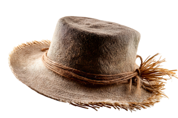 Stylish wide-brimmed straw sun hat with decorative ribbon isolated on transparent background for summer vacation cutout — high-resolution PNG perfect for travel-themed design and beachwear branding