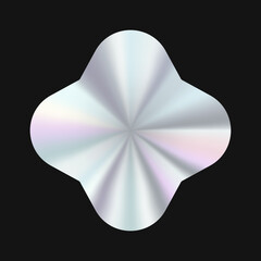 clover-shaped holographic gradient badge with a soft metallic glow on a dark background. Ideal for decorative branding, futuristic digital designs, and elegant labels.