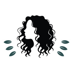 Silhouette of woman with curly hair and leaves illustration