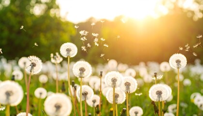 Dandelion seeds blowing in a sunny meadow at golden hour, symbolizing freedom, hope, and nature’s delicate beauty.


