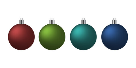 Realistic Christmas ball set in red, blue, green, and other colors, clean vector illustration on white background for festive design and decoration