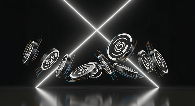 Abstract digital design with floating, stylized discs illuminated by neon lines.