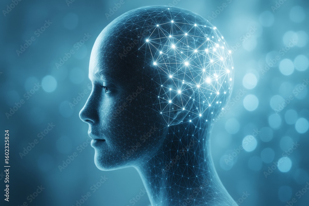Aufkleber futuristic human head with glowing neural network connections symbolizing artificial intelligence an