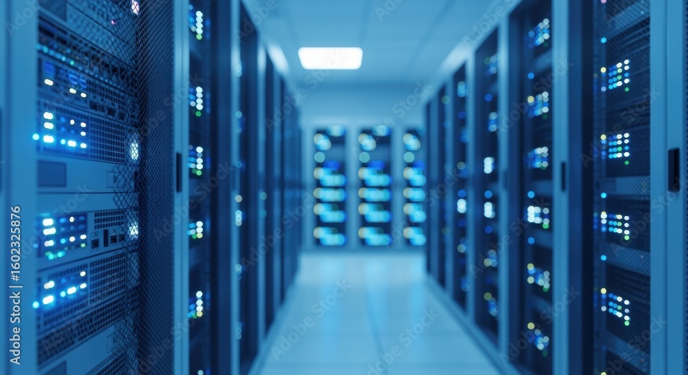 Poster wideangle view of a climatecontrolled server farm with glowing led indicators.