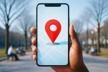 Person holding smartphone with red map pin icon on GPS app interface, outdoors in city park, symbolizing navigation and location technology concept.