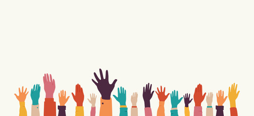 Raised hands. Volunteering, teamwork concert.