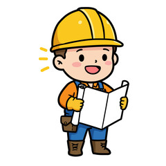 Cartoon construction worker in hardhat reading a large documentblueprint
