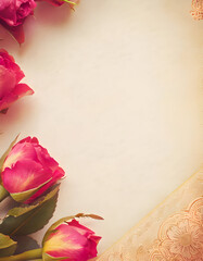 A soft, elegant background featuring pink roses and decorative elements.