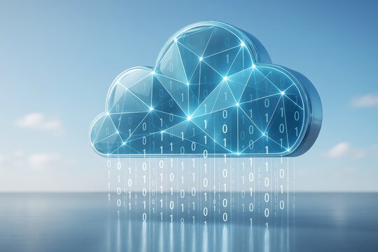 Digital cloud with binary code and glowing network lines on light blue background symbolizing data storage and futuristic technology concept.