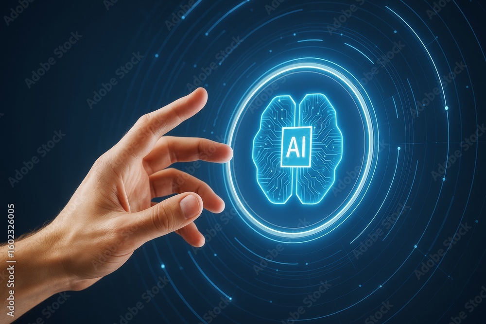 Poster hand reaching toward glowing ai brain symbol with digital circuits and light trails on a dark tech b