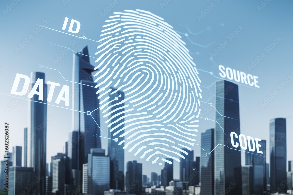 Poster digital fingerprint scan with data, code, id, and source labels over modern cityscape representing c