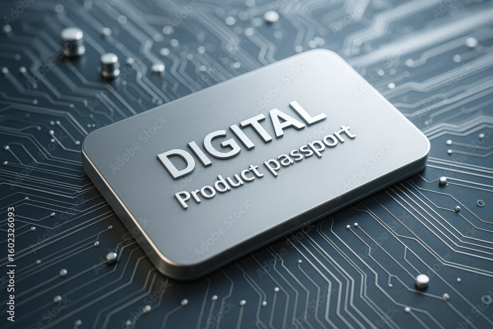 Poster digital product passport concept on metallic plaque over circuit board background symbolizing techno