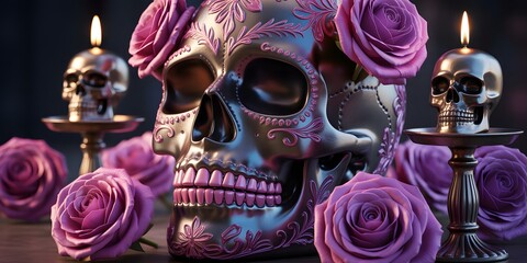 Ornate metallic skull adorned with purple roses and lit candles in a dimly lit setting