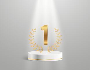 Golden winner pedestal with number one, laurel wreath and ribbon on gray background. Ideal for award posters and banners