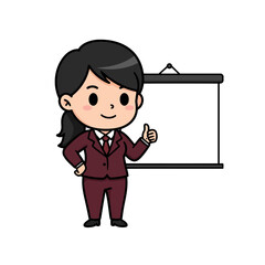 Cartoon businesswoman in a suit gives a thumbsup next to a blank presentation screen