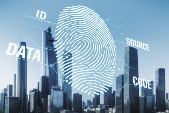 Digital fingerprint scan with data, code, ID, and source labels over modern cityscape representing cybersecurity and biometric technology concept.