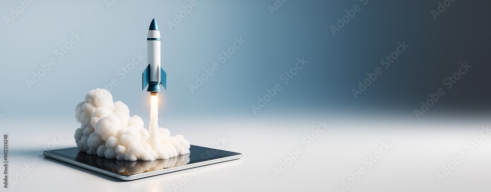 Poster rocket launching from tablet with smoke trail on clean gradient background, symbolizing innovation a