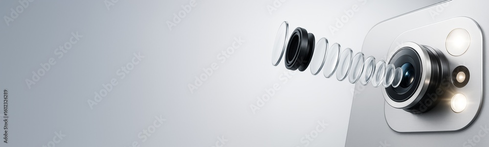 Poster exploded view of smartphone camera lens system with multiple glass elements on clean gradient backgr