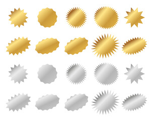 Set of shiny gold and silver sunburst badges in round shape with metallic gradient isolated on white background perfect for awards and certificate designs.