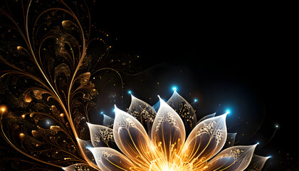 A glowing floral design with intricate patterns against a dark background.